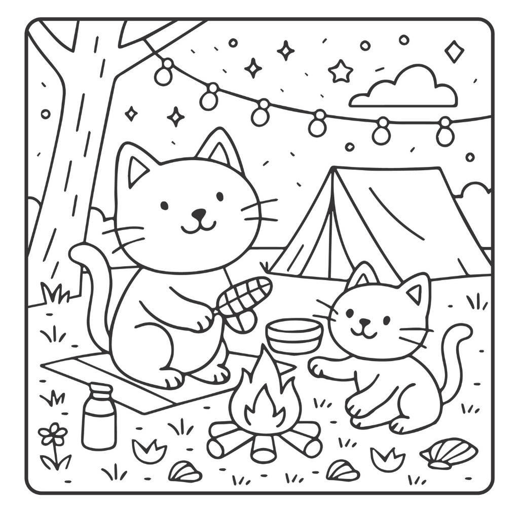 Illustration of two cats camping by a campfire, with a tent and string lights in the background.