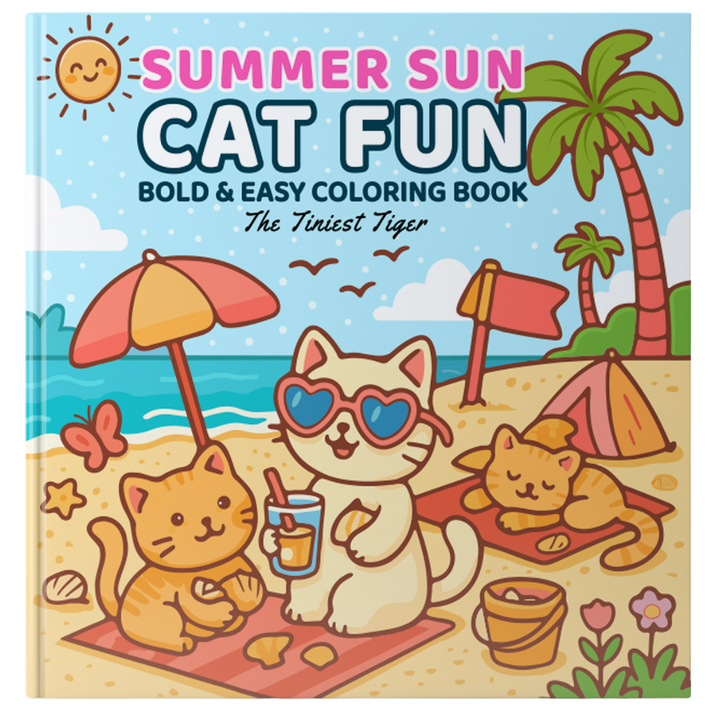 Coloring book titled 'Summer Sun Cat Fun' with cartoon cats on a beach.