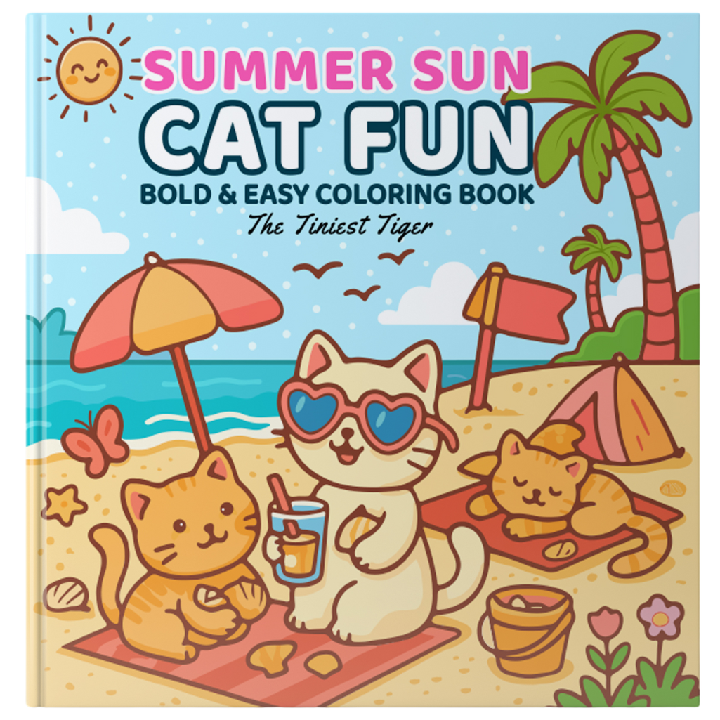Coloring book titled 'Summer Sun Cat Fun' with cartoon cats on a beach.