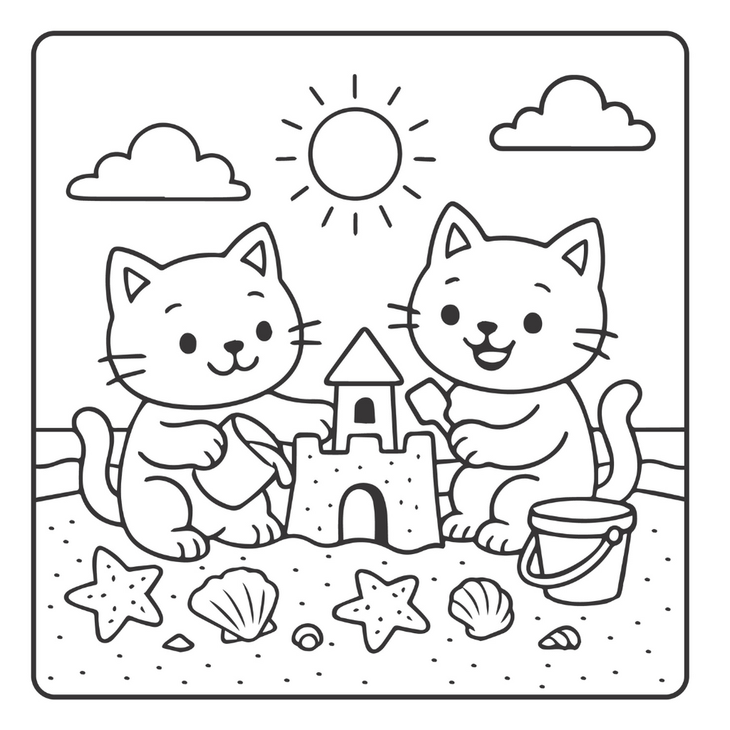 Coloring page of two cats building a sandcastle with beach items around them.